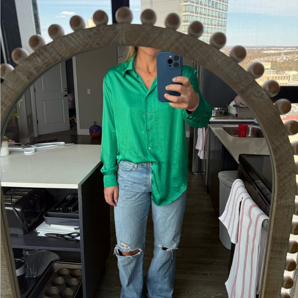 Green silky button up